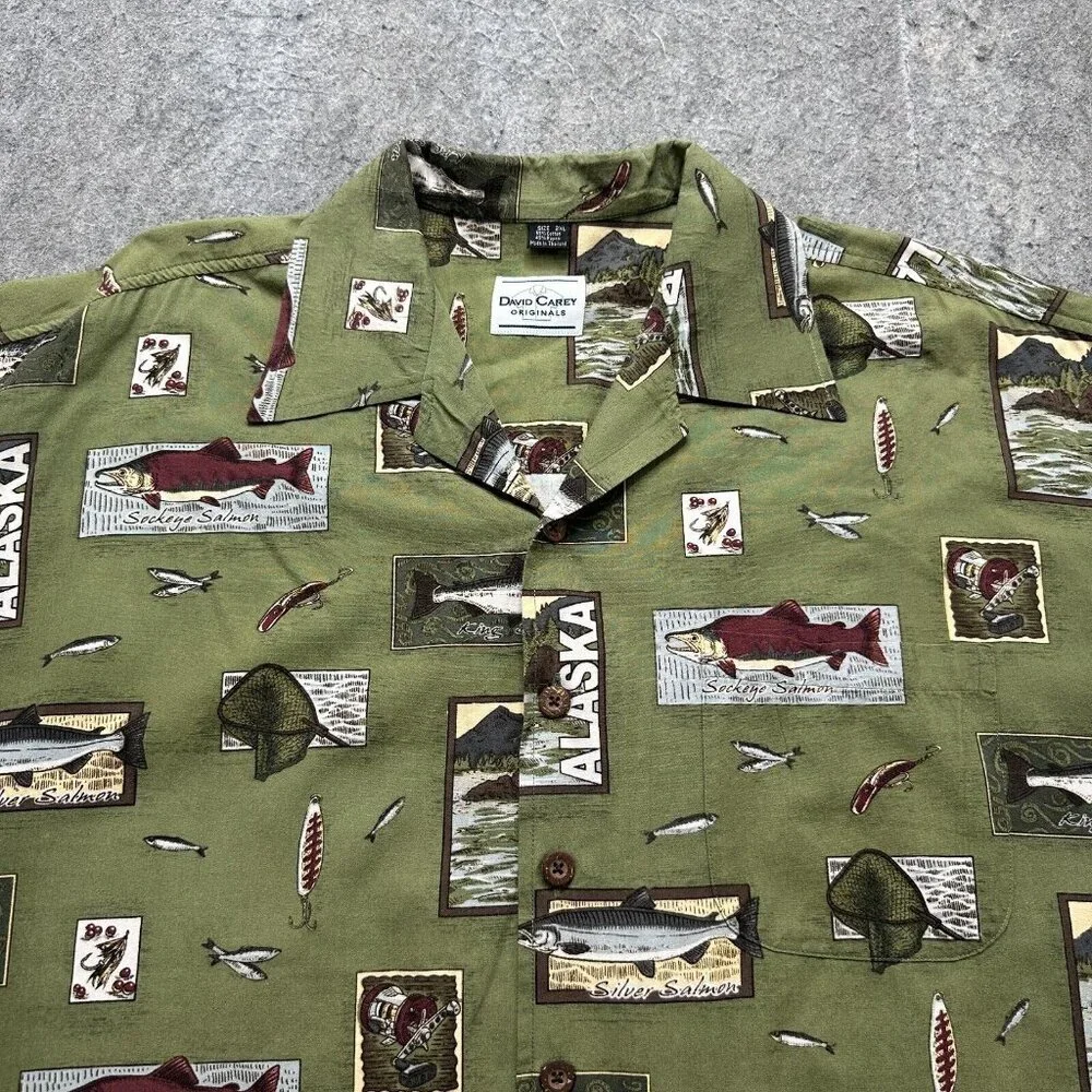 David Carey Camp Shirt Men 2XL Green Alaska Print Fish Graphic Short Sleeve - Picture 1 of 11